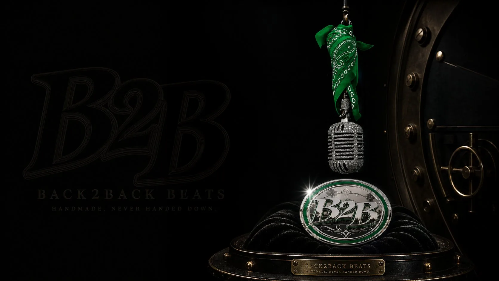 Green bandana microphone and Back2Back medallion beside a vault