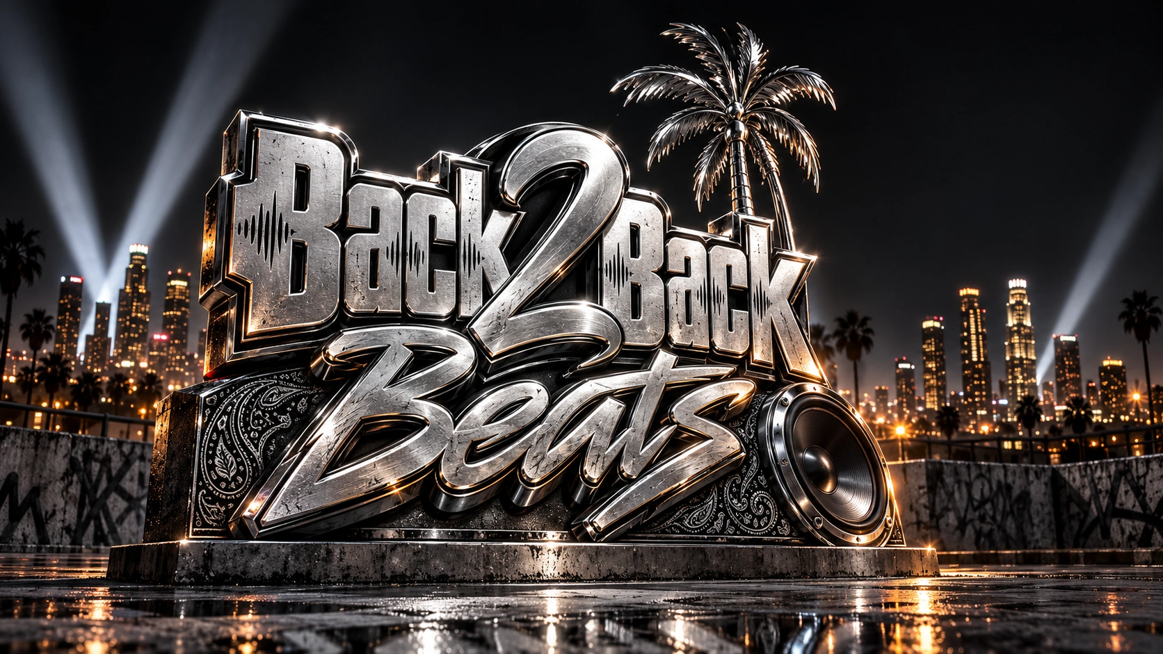 Back2Back Beats Chrom-Schriftzug vor der nächtlichen Skyline