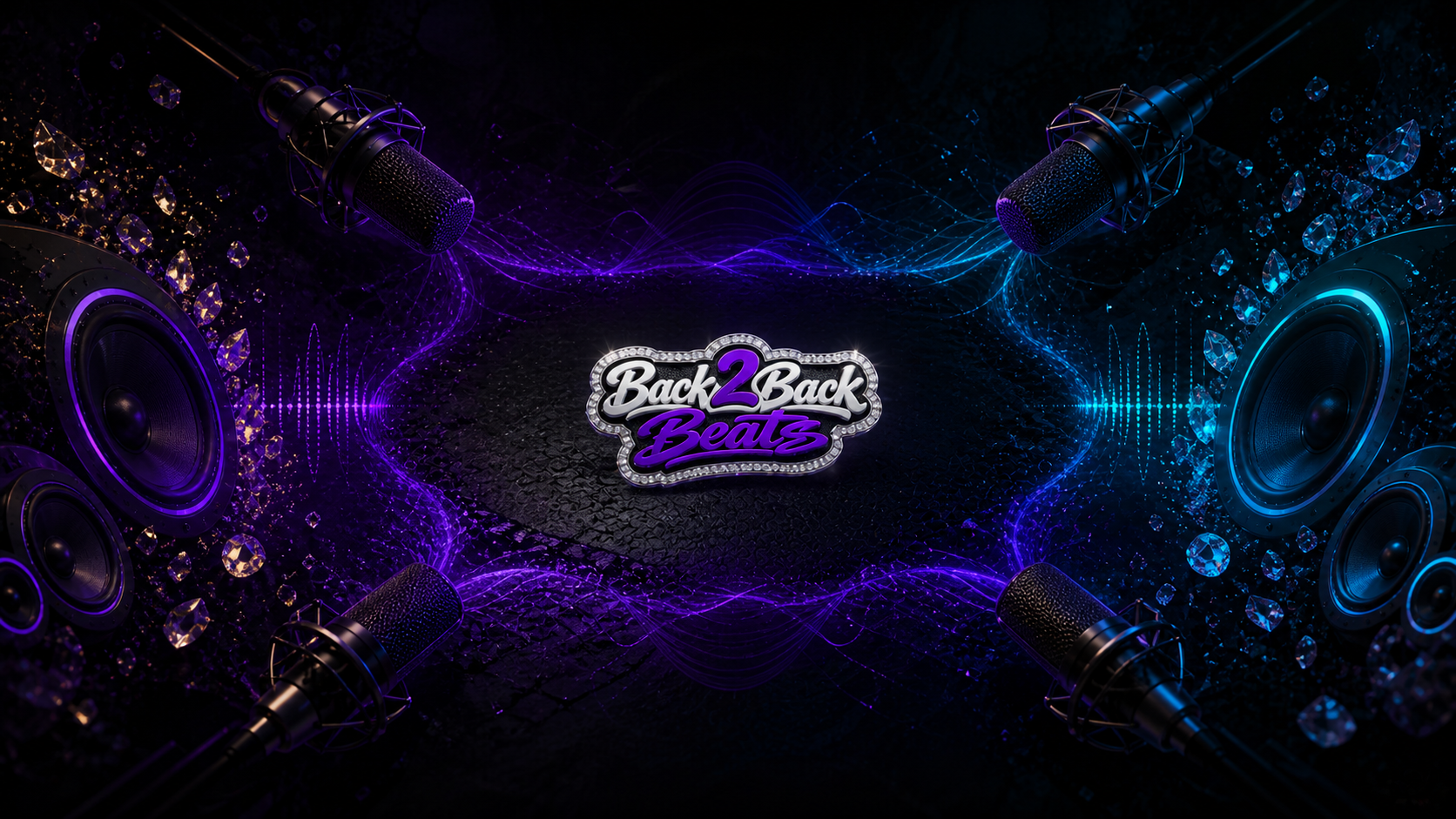 Symmetrical Back2Back Beats studio stage with microphones and speakers