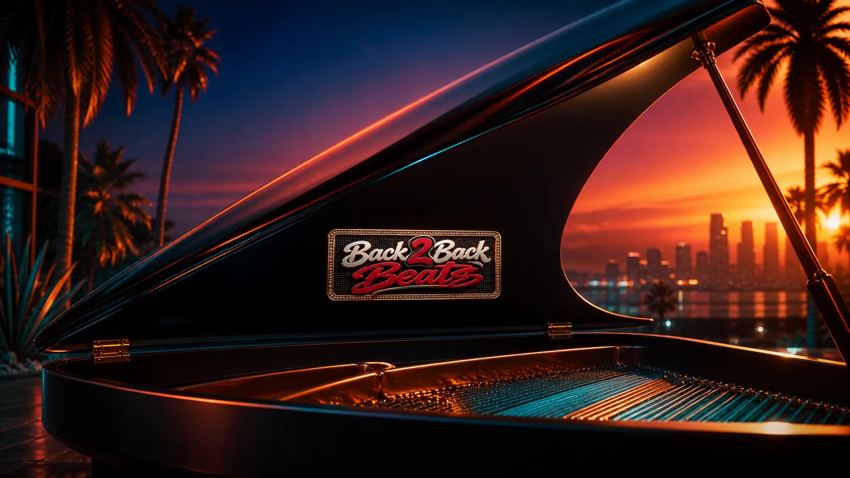 Back2Back Beats grand piano against palms and a sunset skyline