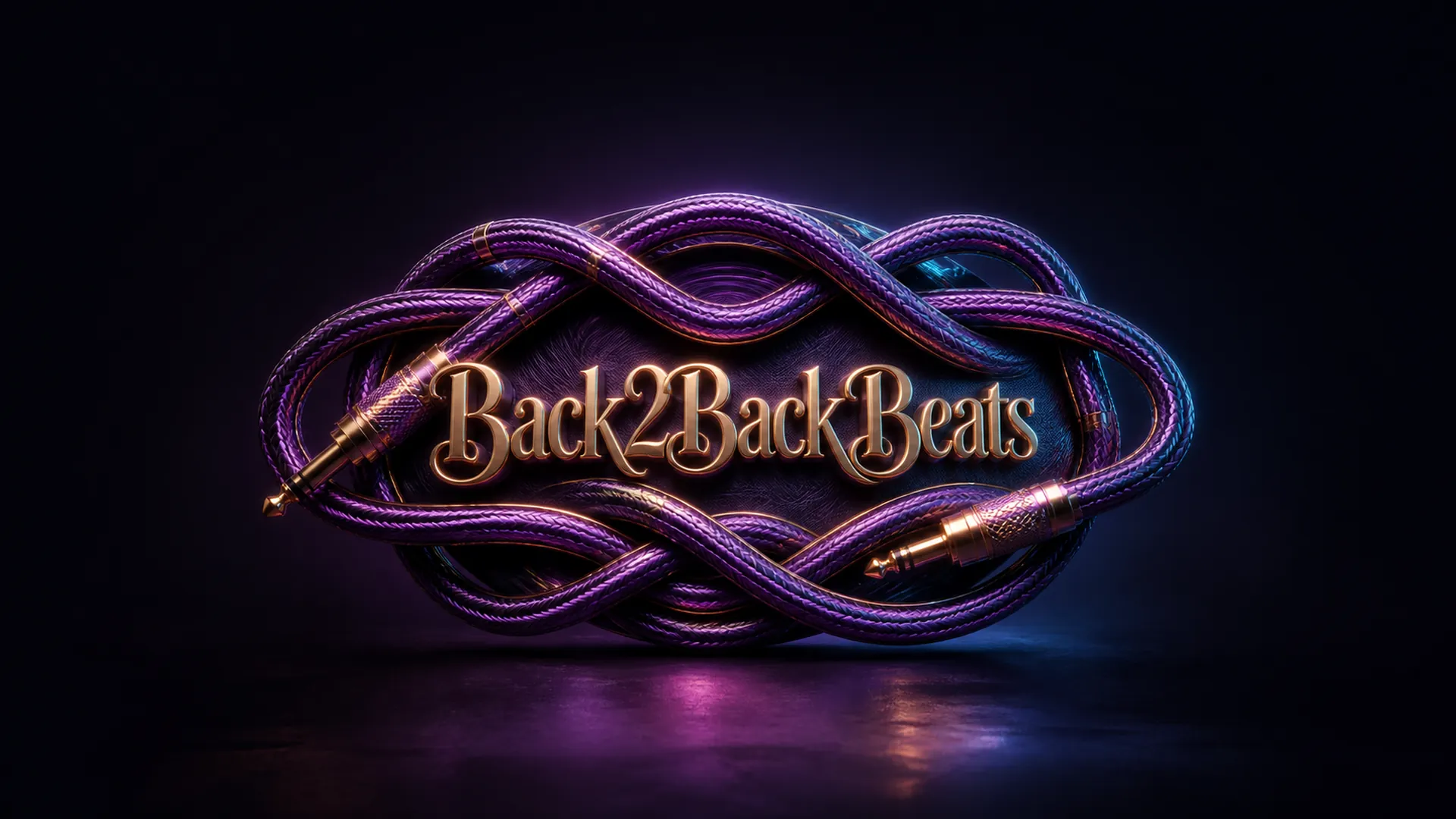 Back2Back Beats gold wordmark wrapped in sculpted purple patch cables
