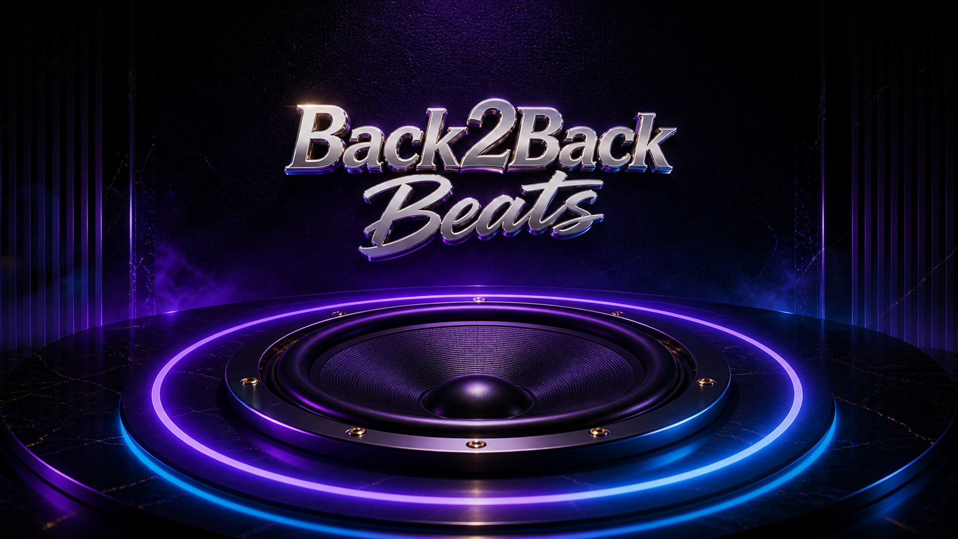 Back2Back Beats silver lettering above a purple and cyan subwoofer