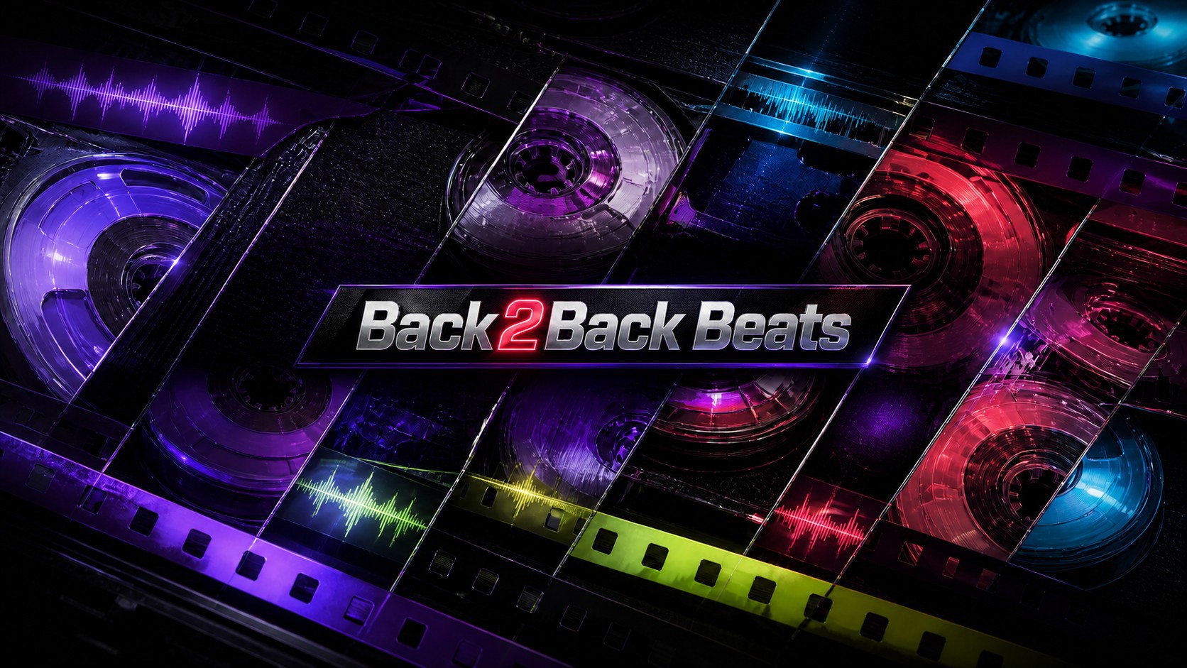 Back2Back Beats lettering over colorful tape reels and audio waveforms
