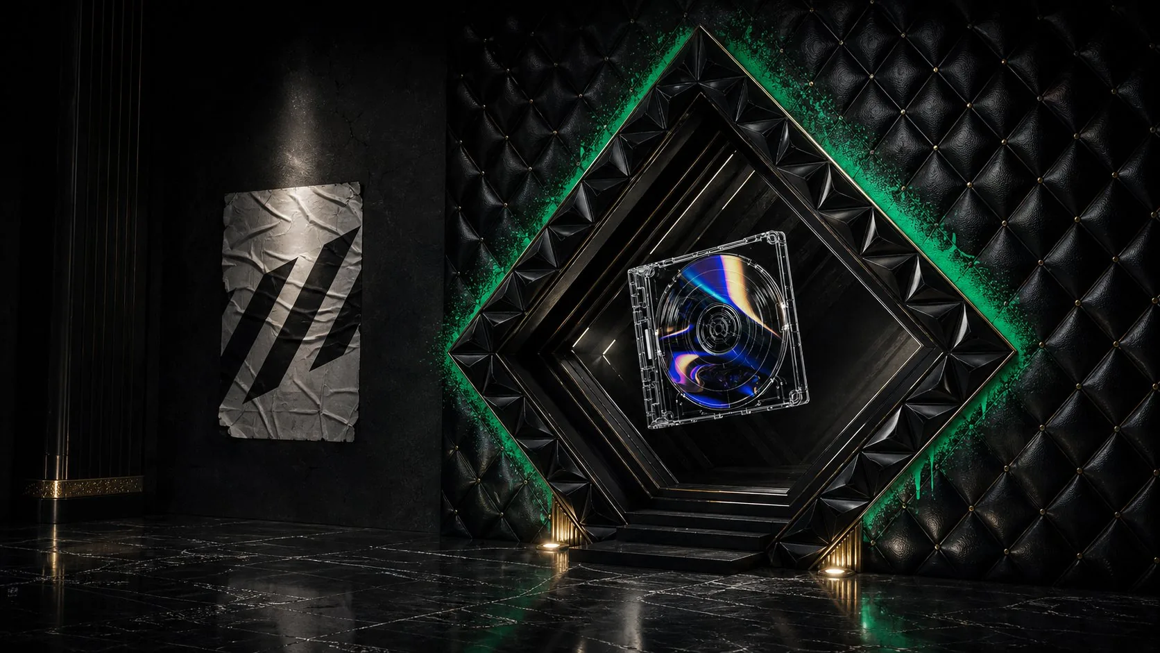 Back2Back Beats record display in a green framed studio
