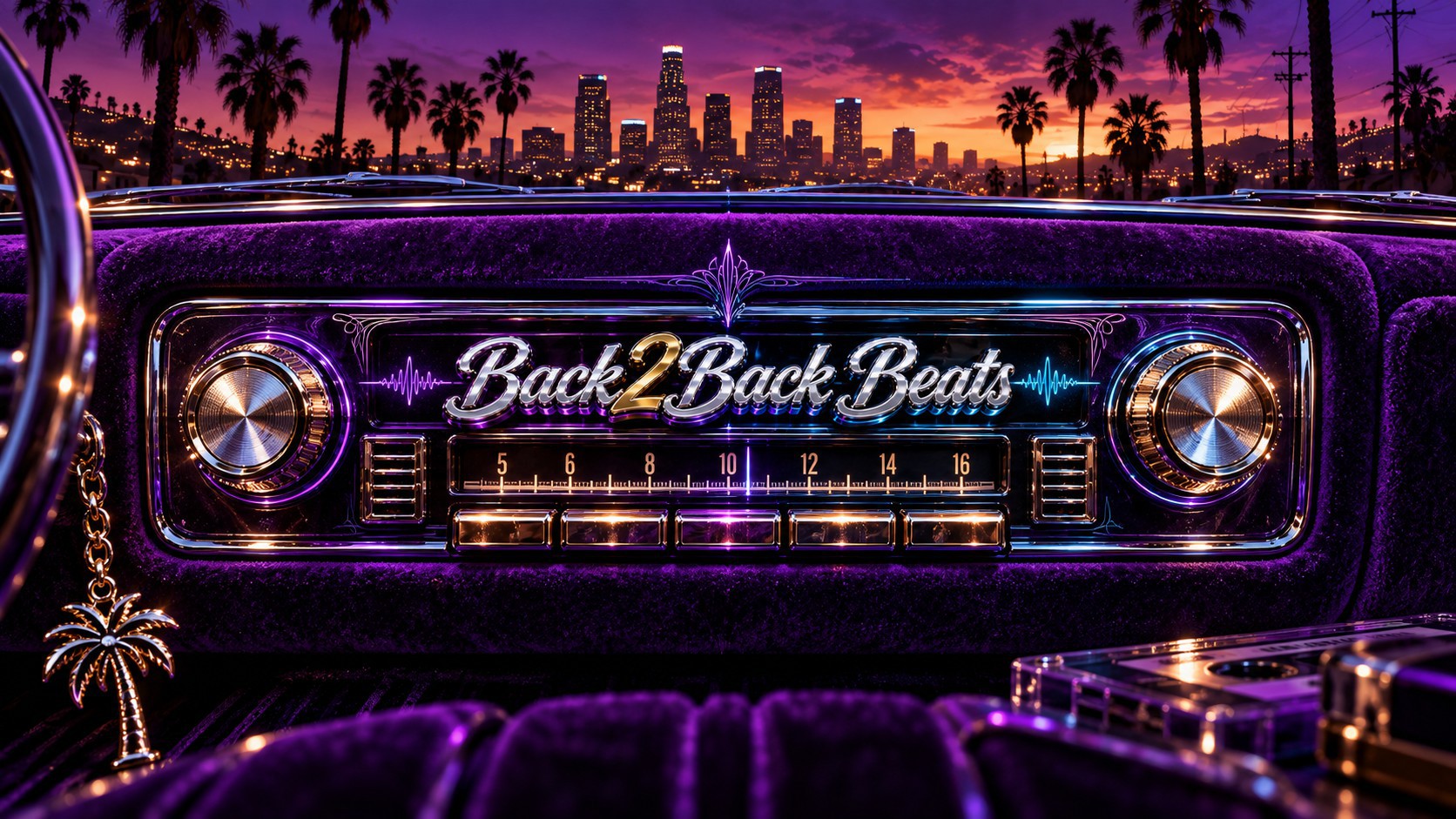 Back2Back Beats chrome car radio overlooking the Los Angeles skyline