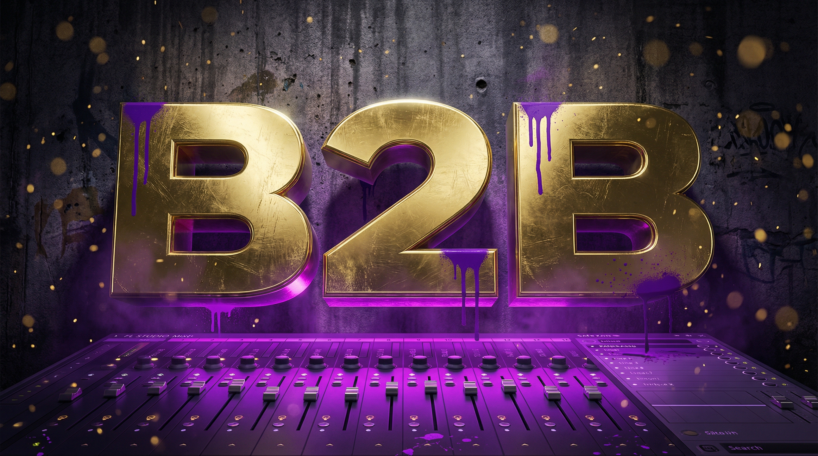 Back2Back Beats — gold B2B logo on FL Studio mixer with graffiti wall