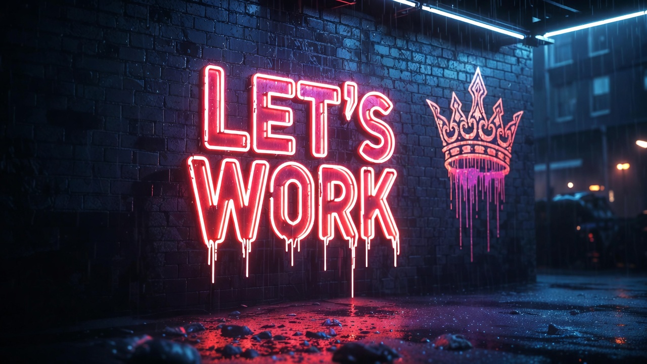 Let's Work neon sign with crown