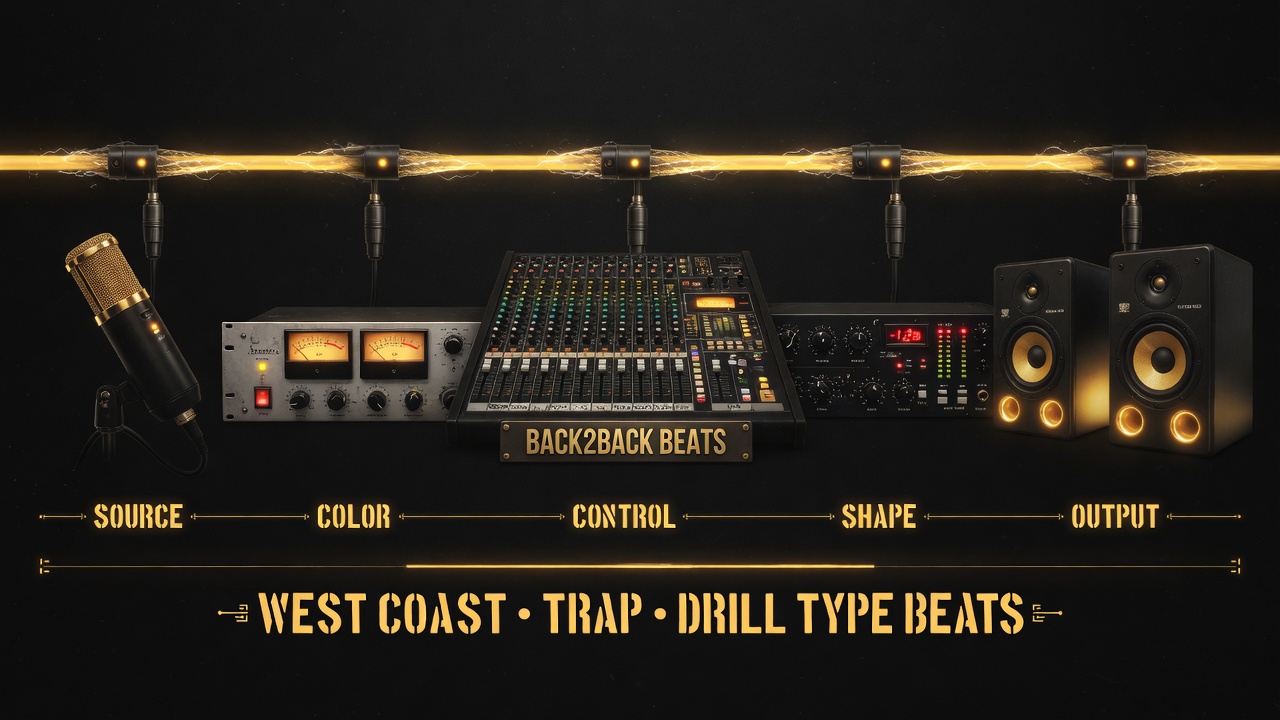 Back2Back signal chain — microphone, compressor, mixer, EQ, monitors connected by a gold lightning arc