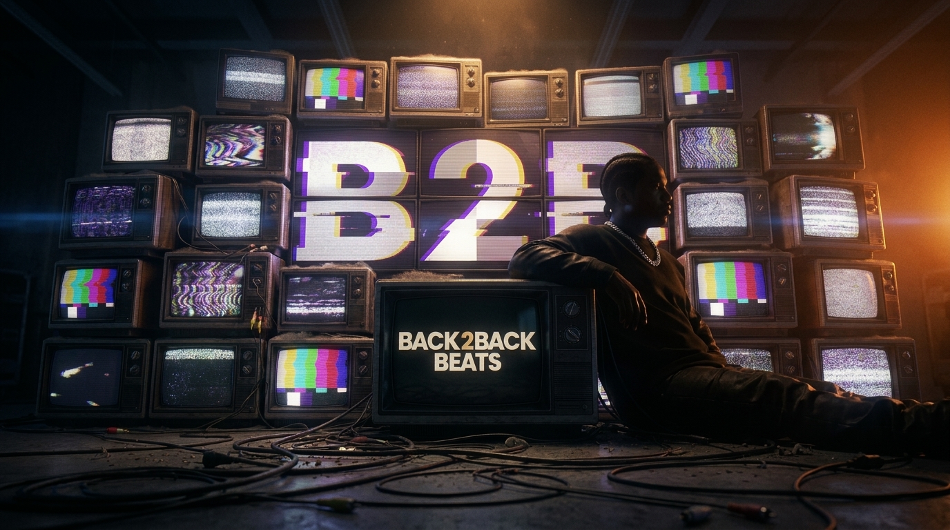 Mose at Back2Back surrounded by a wall of vintage TVs glitching with B2B signal
