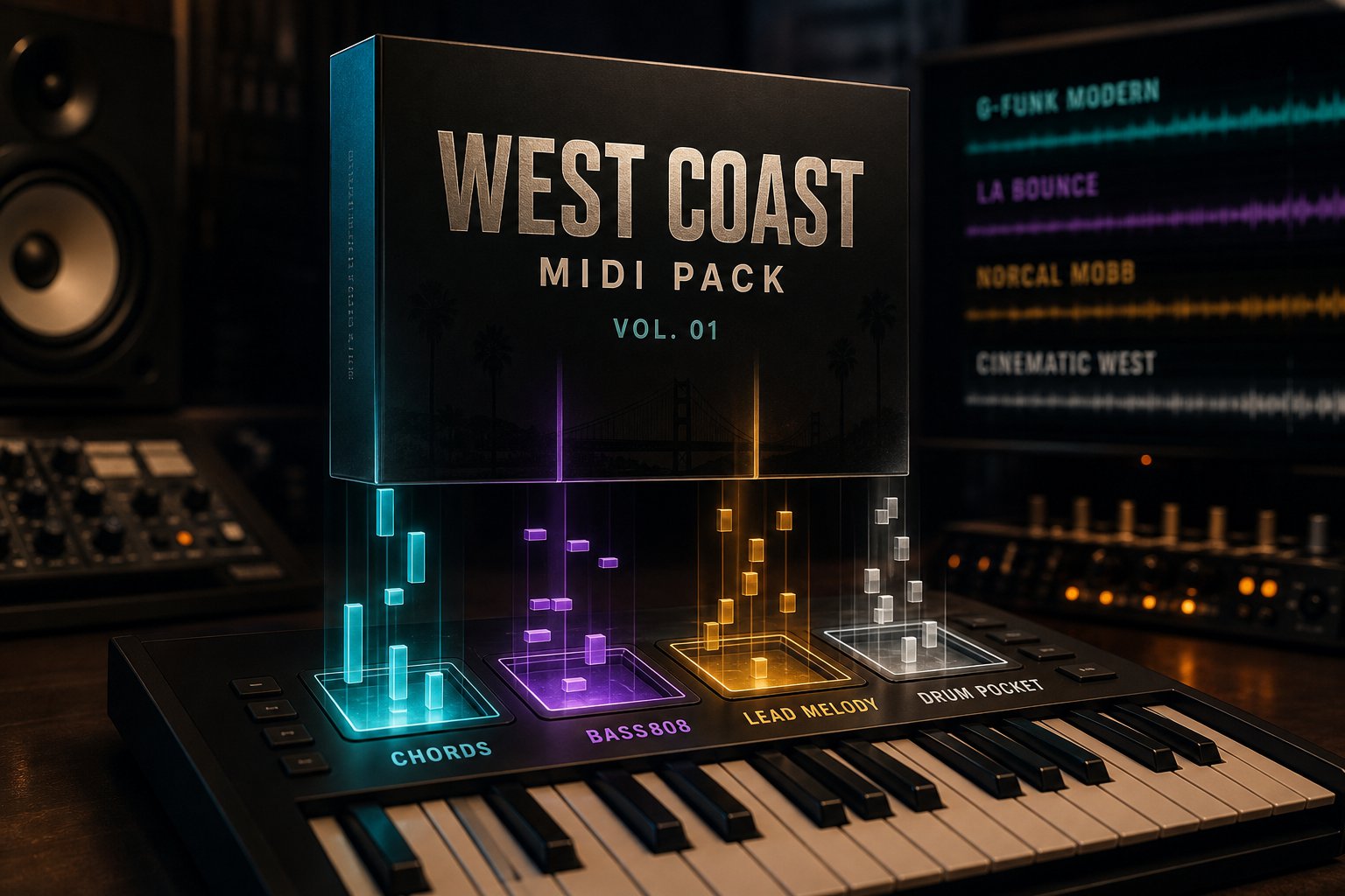 West Coast MIDI Pack Vol. 01 product box on keyboard controller